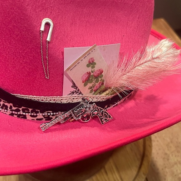 Handmade Pink Felt Cowgirl Hat with Feathers, Gems, and Leopard Print - Picture 7 of 9